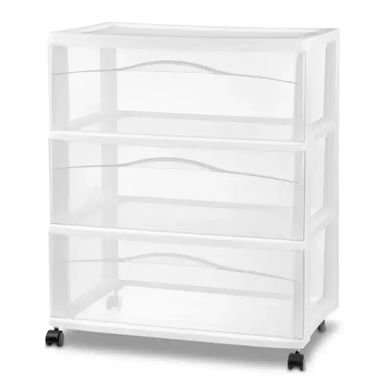 Sterilite Wide 3 Drawer Storage Cart, Plastic Rolling Organizer, White, 3 Pack