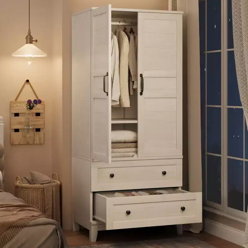 Armoire Wardrobe Closet with 2 Drawers, 72 Wooden Wardrobe Cabinet with Hanging Rod, Tall Clothing Armoire Cabinet with Doors