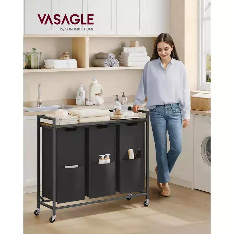 3-Compartment Laundry Sorter Cart with Removable Bags, 43.5 Gallon Rolling Hamper with Top Shelf and Braked Wheels