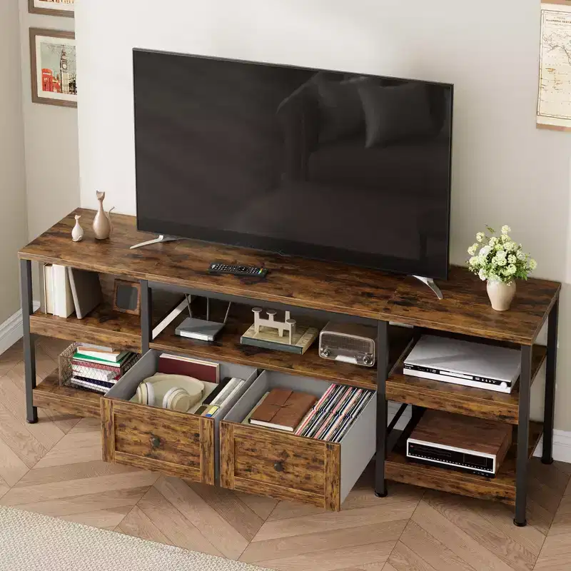 Modern-Industrial TV Stand with Metal Frame & 2 Fabric Drawers