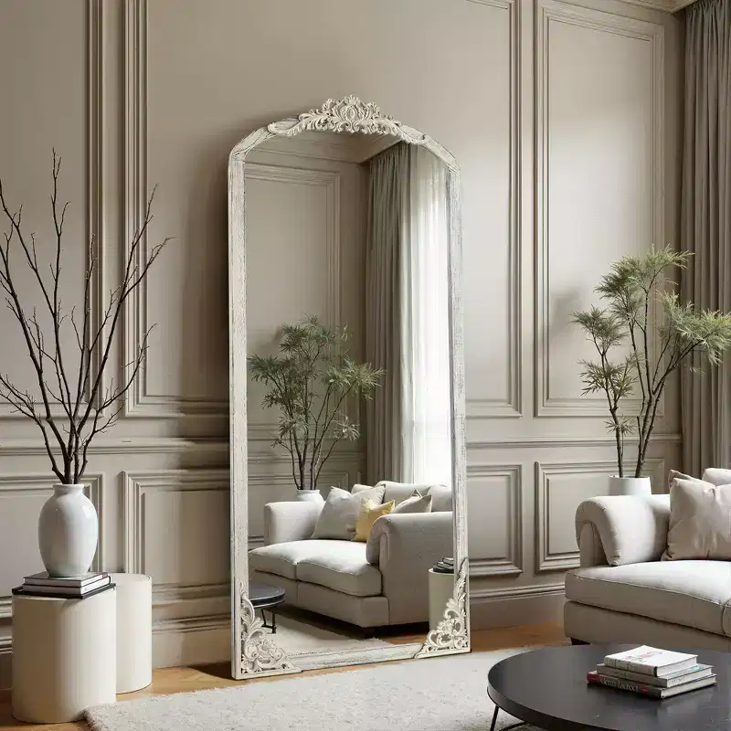 Solid wood carved flower straight-angle micro-curved weathered white full-length mirror (without stand)