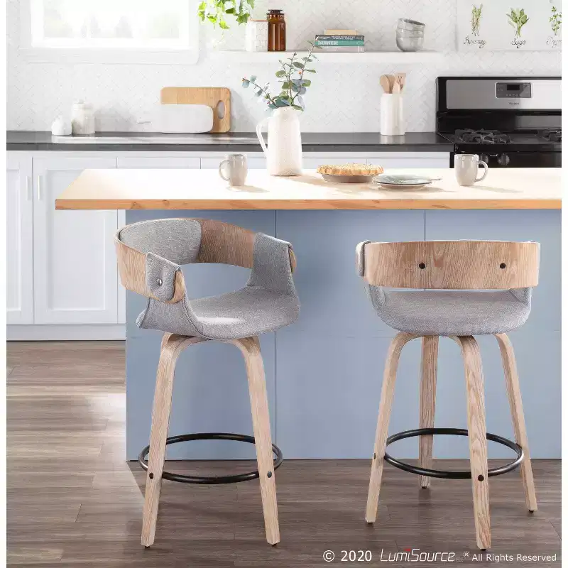 Set of 2 Upholstered Counter Height Barstools Gray/White Wash