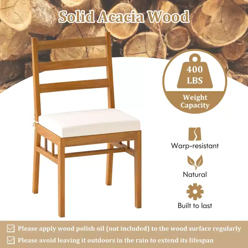 Costway Solid Acacia Wood Patio Chair Set of 2 w/ Padded Seat Cushions
