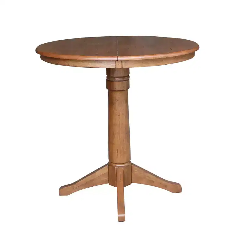 36.1" Lillian Round Top Pedestal 12" Drop Leaf Dining Table Distressed Oak - International Concepts: Solid Wood, Extendable
