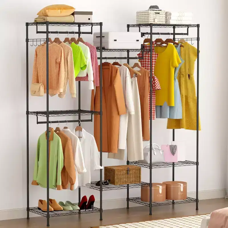 Acekool Portable Closet Organizer with 4 Adjustable Hanging Rods and 8 Shelves, Metal Wardrobe Rack for Bedroom, 67x17.7
