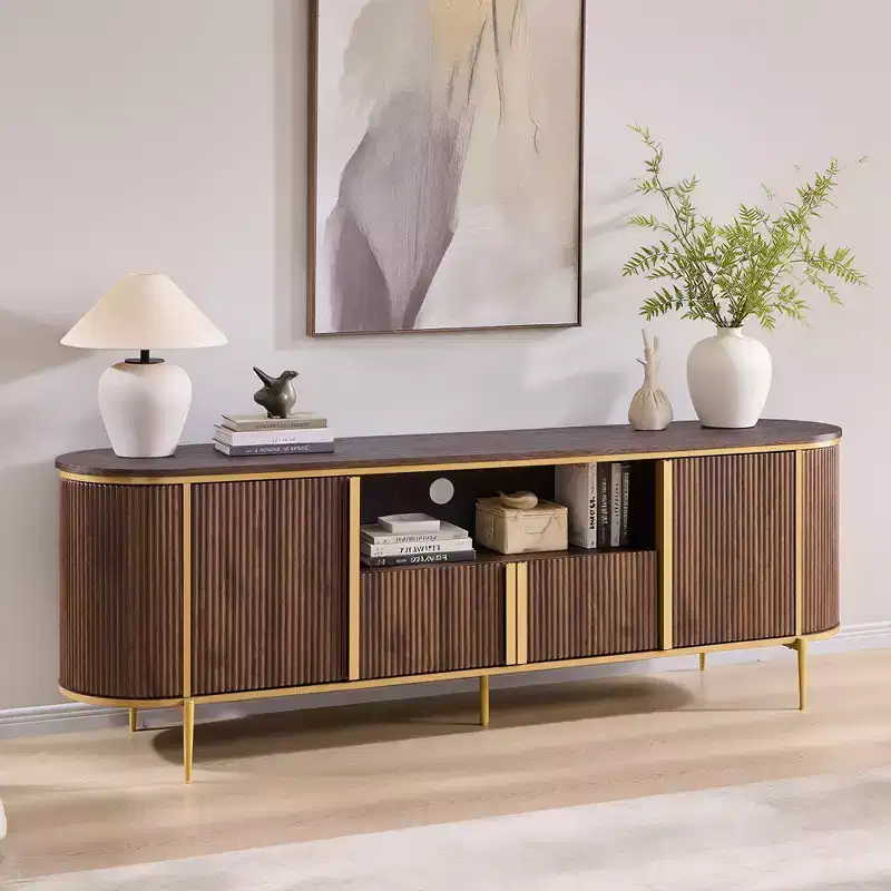 70 Fluted TV Stand, Modern Entertainment Center with Faux Marble Top and Curved Design, Media Console for Living Room Storage