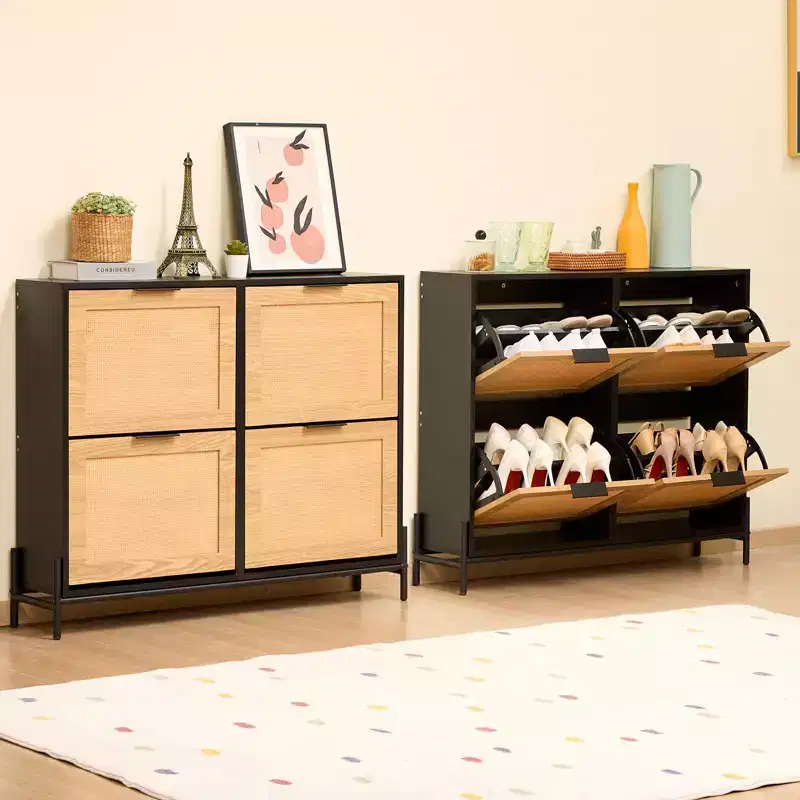 Rattan Shoe Cabinet with 4 Flip Drawers, Slim Entryway Storage, Black