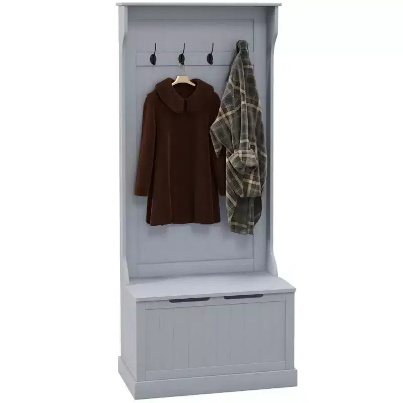 Okak 28IN Entryway Hall Tree with 4 Metal Hooks, Coat Tree with Shoe Storage and Top Door, Freestanding Coat Rack for Living Room, Entryway, Gray