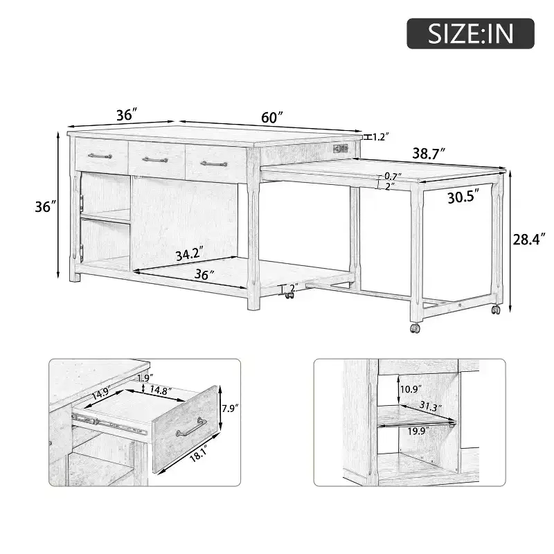 Extendable Kitchen Island with Storage and Power Outlets, Multi-Functional Retro Kitchen Cart on Wheels with Drawers and Open Shelves,Gray
