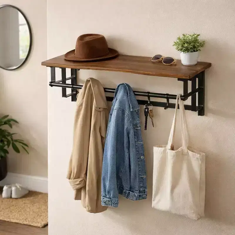 26 Inch Industrial Wall Mount Coat Rack with Metal Frame, 5 Hooks and 1 Shelf, Rustic Brown & Black
