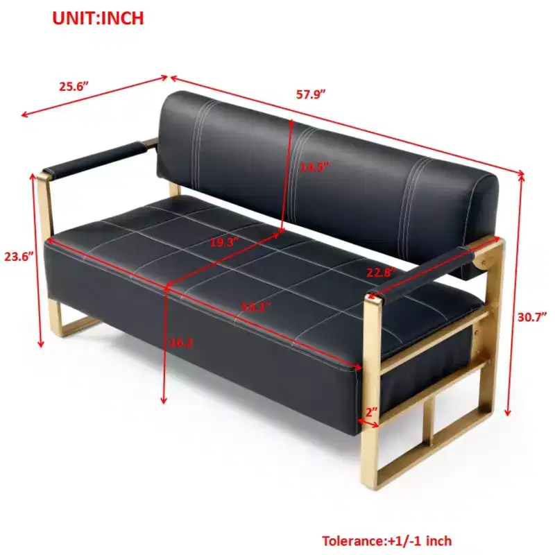 57.9 Inch Faux Bonded Leather Loveseat Sofa with Golden Metal Arms for Living Room,Office,Apartment