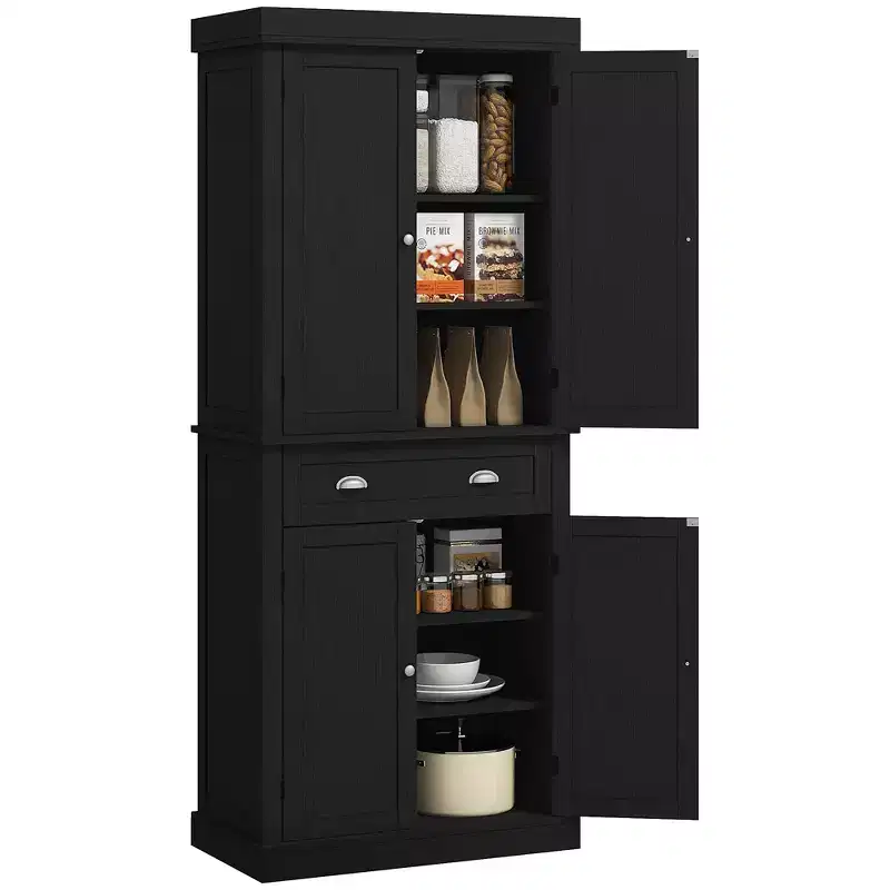 HOMCOM 72 Traditional Freestanding Kitchen Pantry Cupboard with 2 Cabinet, Drawer and Adjustable Shelves, Black Wood Grain
