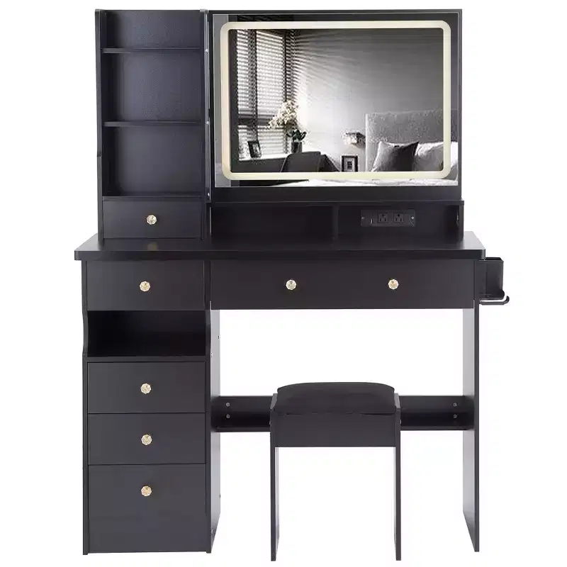 Vanity Table with Lighted Mirror, Stool and Storage Drawers for Bedroom