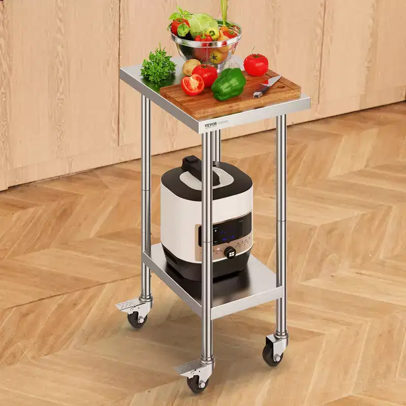 Stainless Steel Work Table 24 x 18 x 38 Inch, with 4 Wheels, 3 Adjustable Height Levels, Heavy Duty Food Prep Worktable, Silver