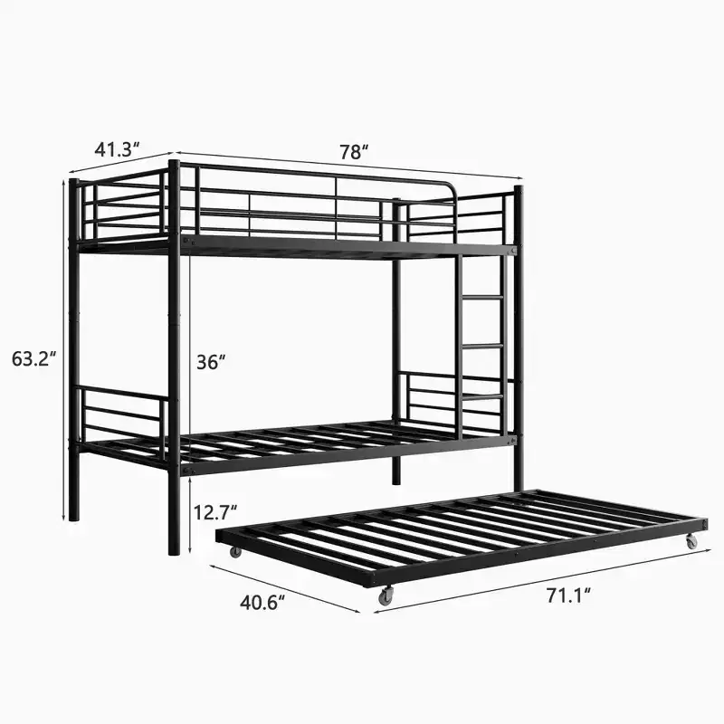 Twin over Twin Bunk Bed with Trundle, Metal Bunk Bed Frame with Ladder & Guardrails, Space Saving Bed for Teens Guests Small Bedrooms
