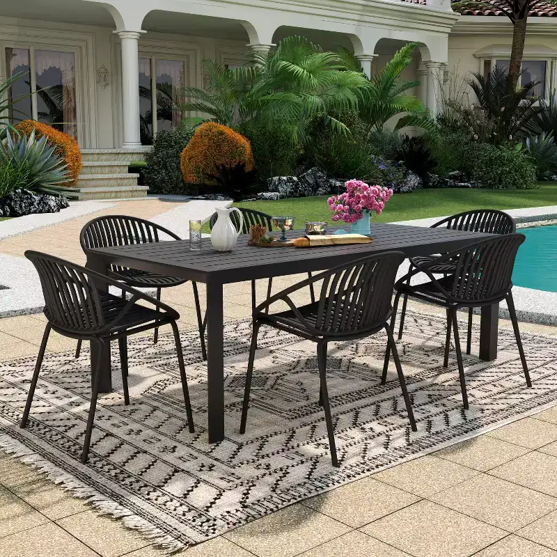 Christopher Knight Home Paddy 7 Pieces Outdoor Modern Metal and Polypropylene Dining Set with Stackable Chair