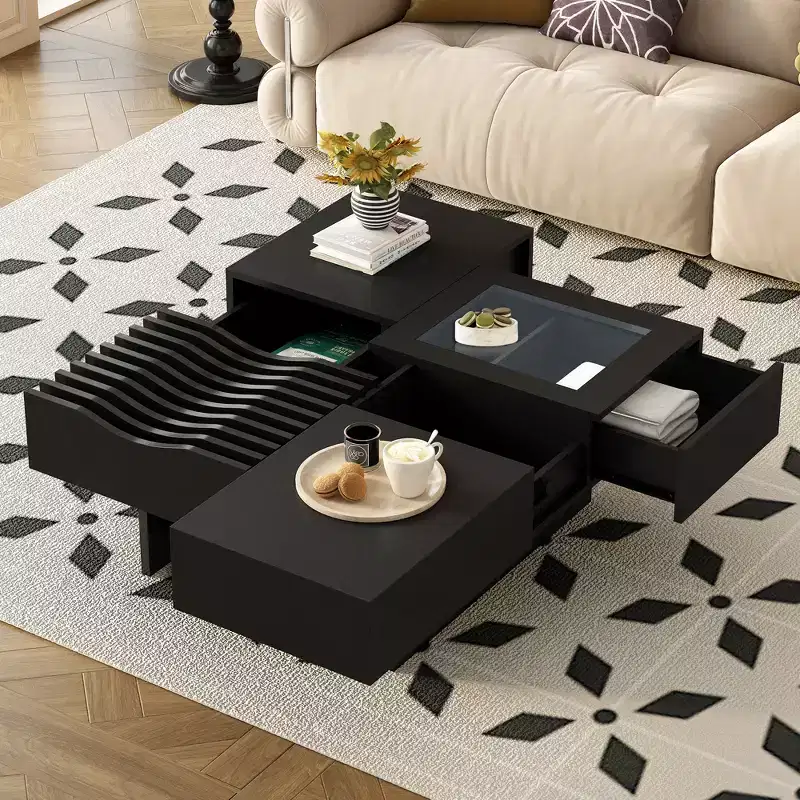 Square Coffee Table with Tempered Glass&Wave Top and 3 Drawers Wooden Sofa Side Table Modern Center Table, Black/Brown-ModernLuxe