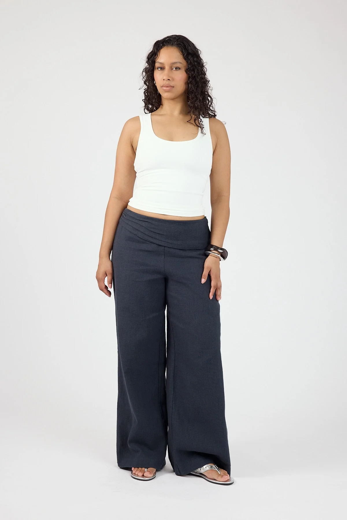 Linen Fold Over Pants Slate