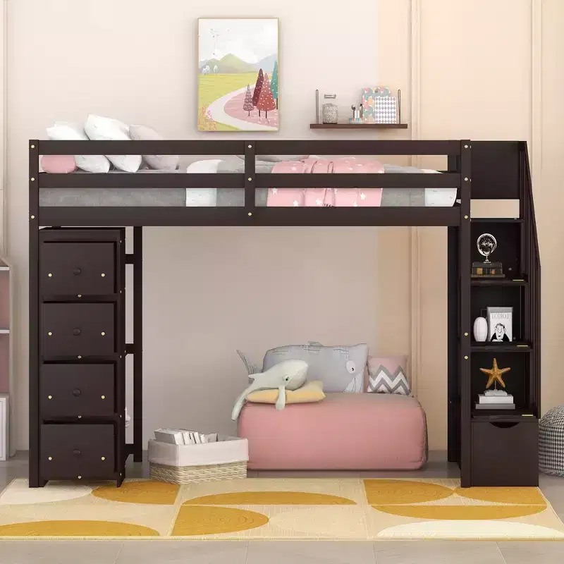 Twin Size Wooden Loft Bed with Storage Drawers and Stairs, Shelves