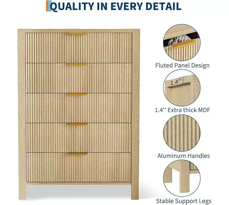 Dressers for Bedroom with 5 Drawers, Tall Wooden Dressers with Gold Handles for Closet, Wood Chest of Drawers, Storage Cabinet and Organizer Drawers