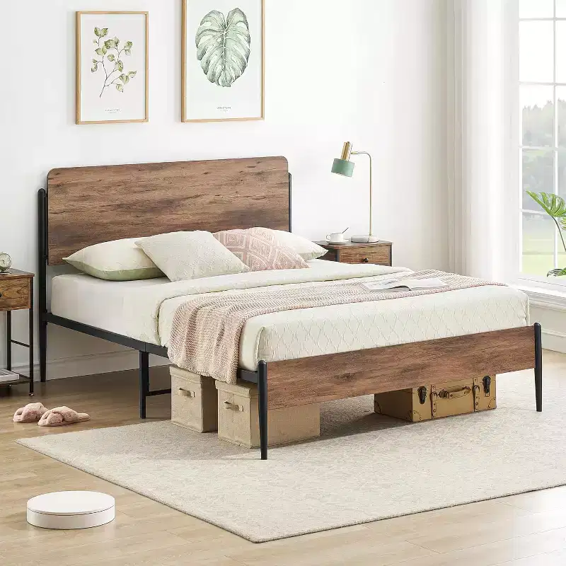 Bed Frame - Walnut Finish, Heavy Duty Metal Platform