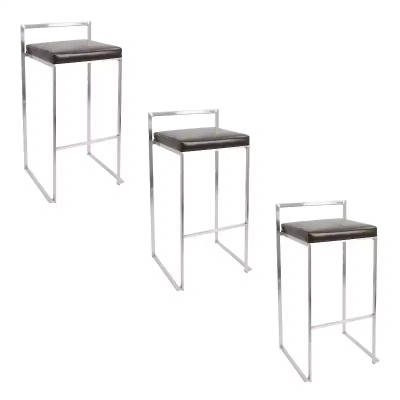 LumiSource Set of 3 Fuji Stacker Barstools Stainless Steel/Brown PU