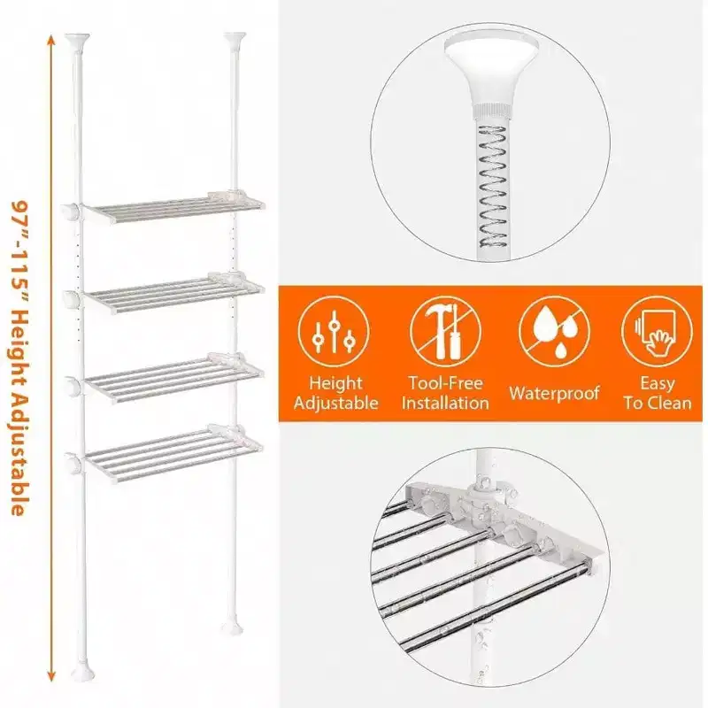 4 - Tier Over Toilet Storage Shelf Heavy Duty Metal White Space - Saving Bathroom Organizer No Drill 4.5 - 9.5 FT Adjustable