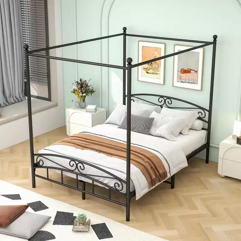 Canopy Metal Bed Frame with Vintage Headboard & 12.4