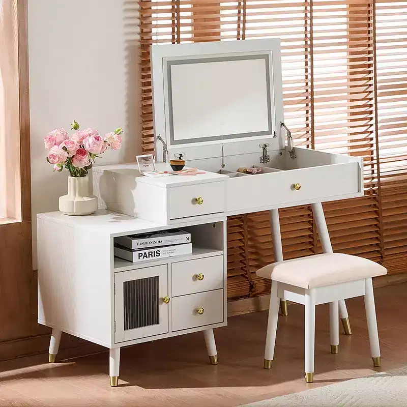 Okak 3-IN-1 Makeup Vanity with Flip-Top Mirror & Adjustable Cabinet, Dressing Table with Padding Stool, Vanity Table for Bedroom, White