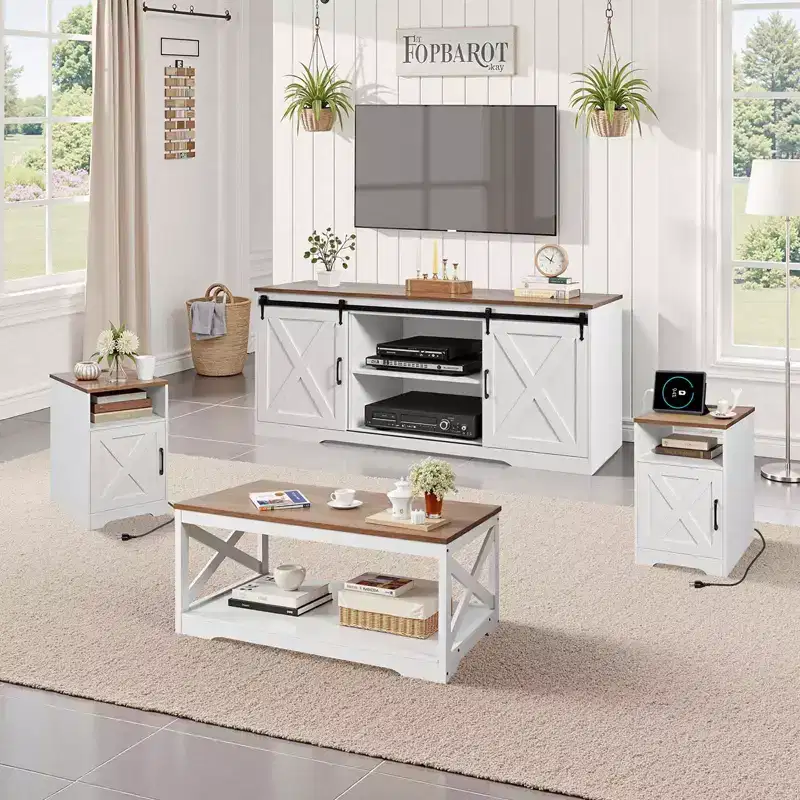 VEVOR 4 Pieces Farmhouse Coffee Table Sets, 40 in Coffee Table with 2 End Tables and 66 in TV Stand, White&Brown