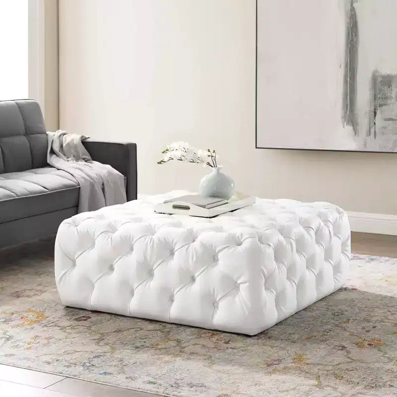 Modway Amour Tufted Button Large Square Faux Leather Ottoman White : Mid-Century Modern, No Assembly, MDF Frame
