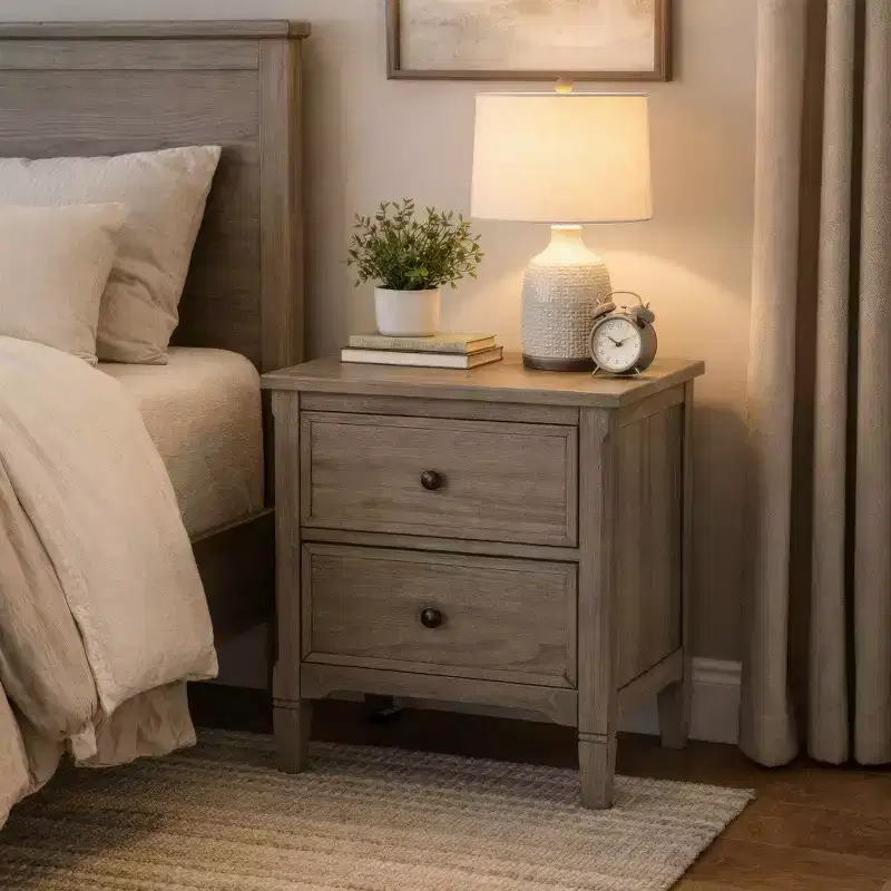 2 Drawer Wooden Nightstand with Round Knobs, Gray
