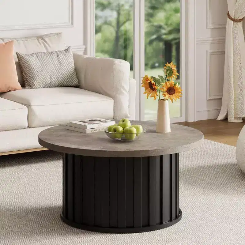 Gray/Retro Round Coffee Table, Mid Century Style, Metal Base, Seats 2