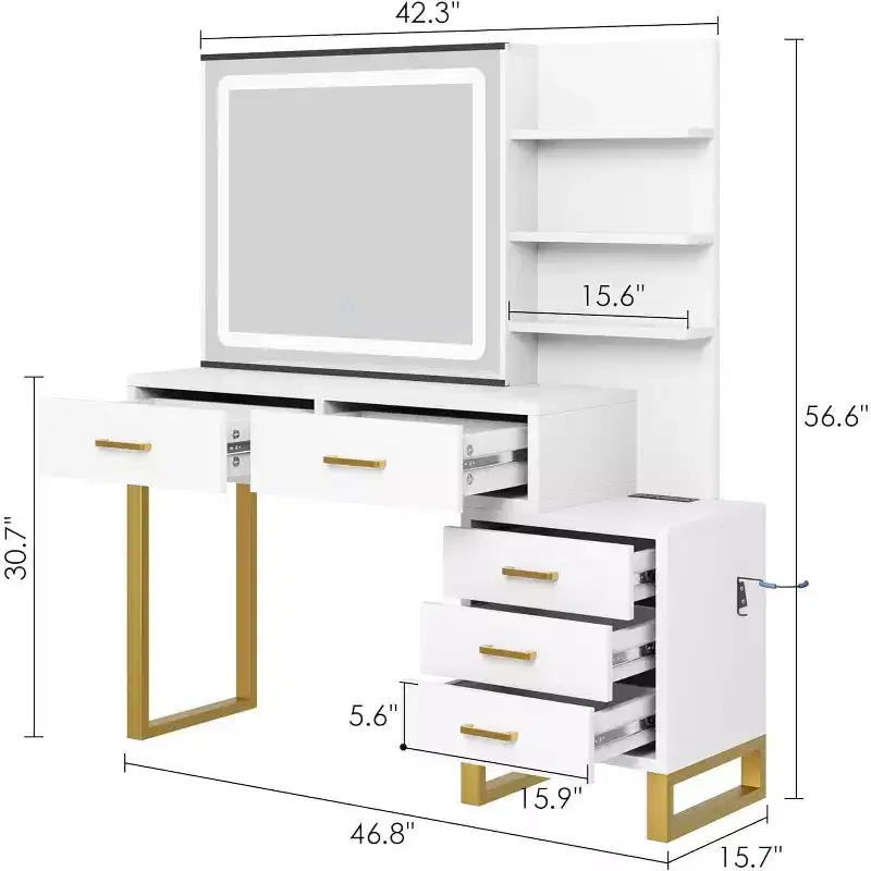 Vanity Desk, Makeup Vanity Desk with Mirror and LED Light-3 Lighting Modes, Charging Station, 5 Large Drawers and 3 Tiers of Open Shelves for Bedroom
