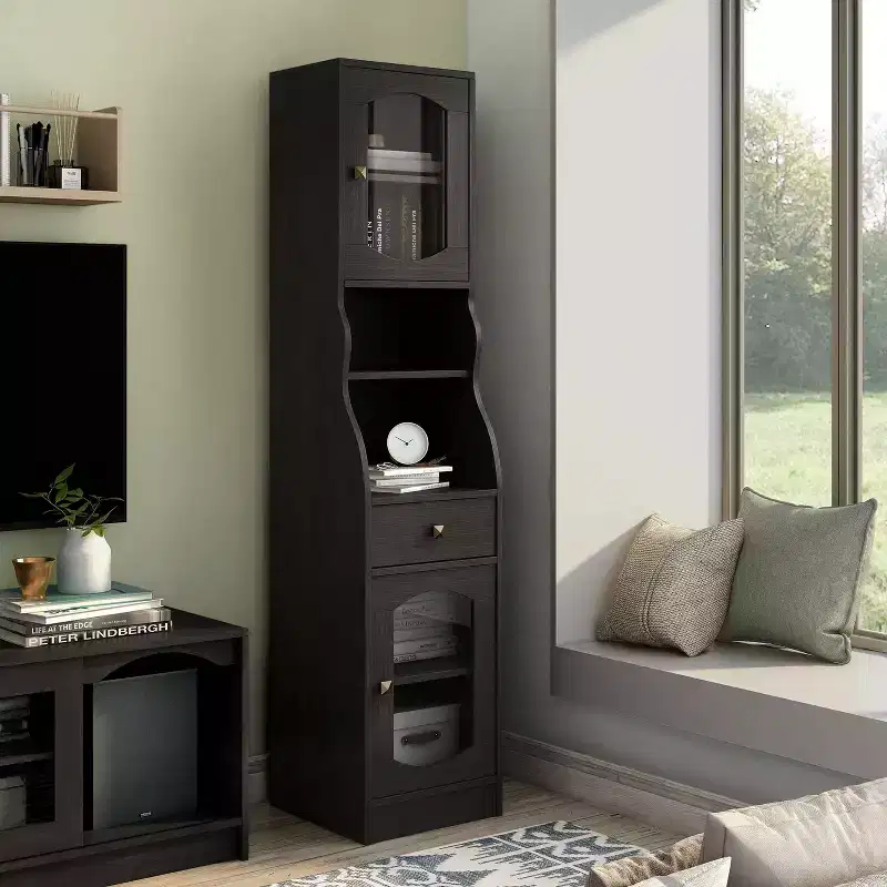 24/7 Shop At Home Jenny 70.8" Pier Cabinet with Drawer Espresso: Transitional Style Media Storage, Adjustable Shelves