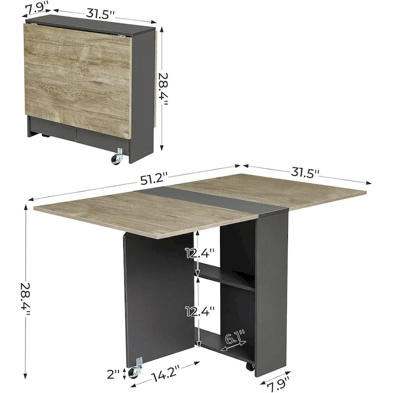 Folding Dining Table with 6 Wheels Drop Leaf Tables