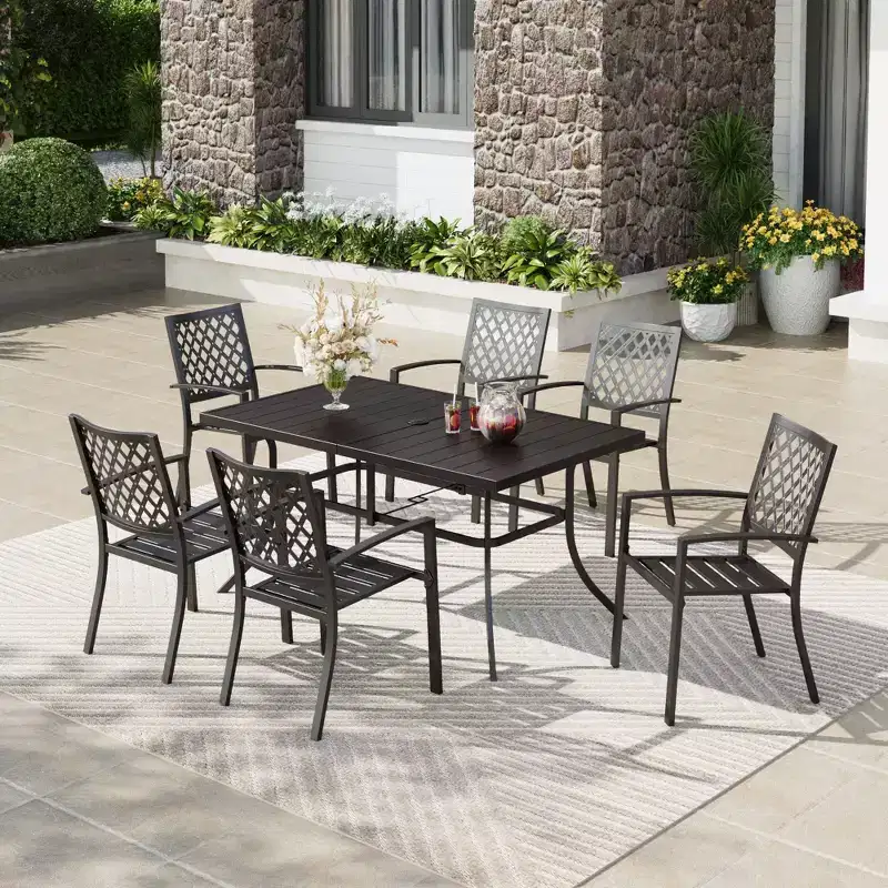 7pc Patio Dining Set with Rectangle Table with 1.57" Umbrella Hole & Steel Arm Chairs - Black - Captiva Designs