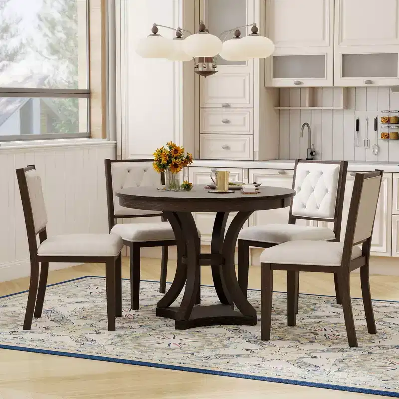 Round Extendable Dining Table Set for 4, 5 Piece Retro Functional Wood Dining Table Set with 4 Upholstered Chairs for Kitchen