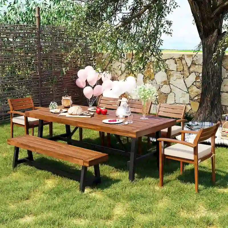 7-8 Person Outdoor Wood Dining Set with Removable Cushions and Table