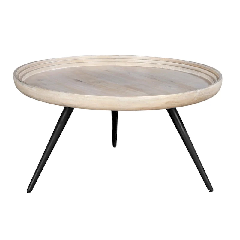30-Inch Round Tray Top Coffee Table, Handcrafted Mango Wood, Washed White