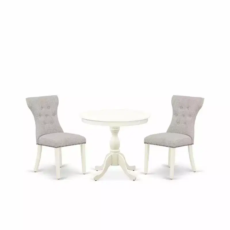 3-Piece Linen White Finish Solid Wood Top - Button Tufted Upholstered Dining Room Set - Seats 4