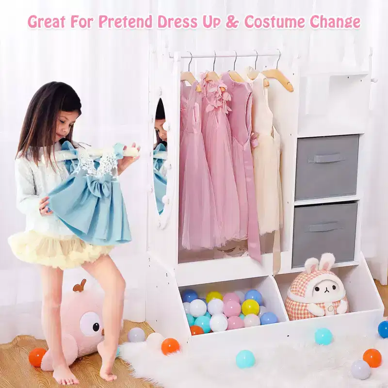 Princess Wardrobe w/Mirror, Complete Dress-Up Center w/ Storage, 4-Tier Shelves & Fabric Bins, Kids Closet Organizer for Clothes, Toys, Shoes