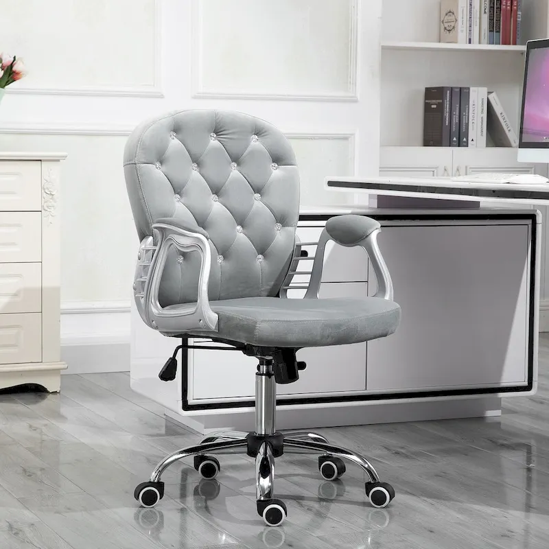 Velvet Tufted Office Chair with Crystal Back, 360° Swivel & Height-Adjustable Armrests, 265 lb
