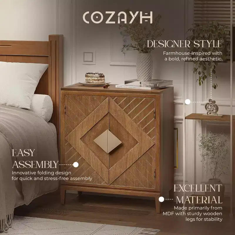 COZAYH Set of 2 Farmhouse Storage Cabinets, Accent Furniture with Geometric Wood Doors for Entryway, Living Room, or Dining Room, Wood