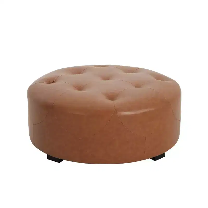 Modern Button Tufted Faux Leather Round Ottoman, Light Brown
