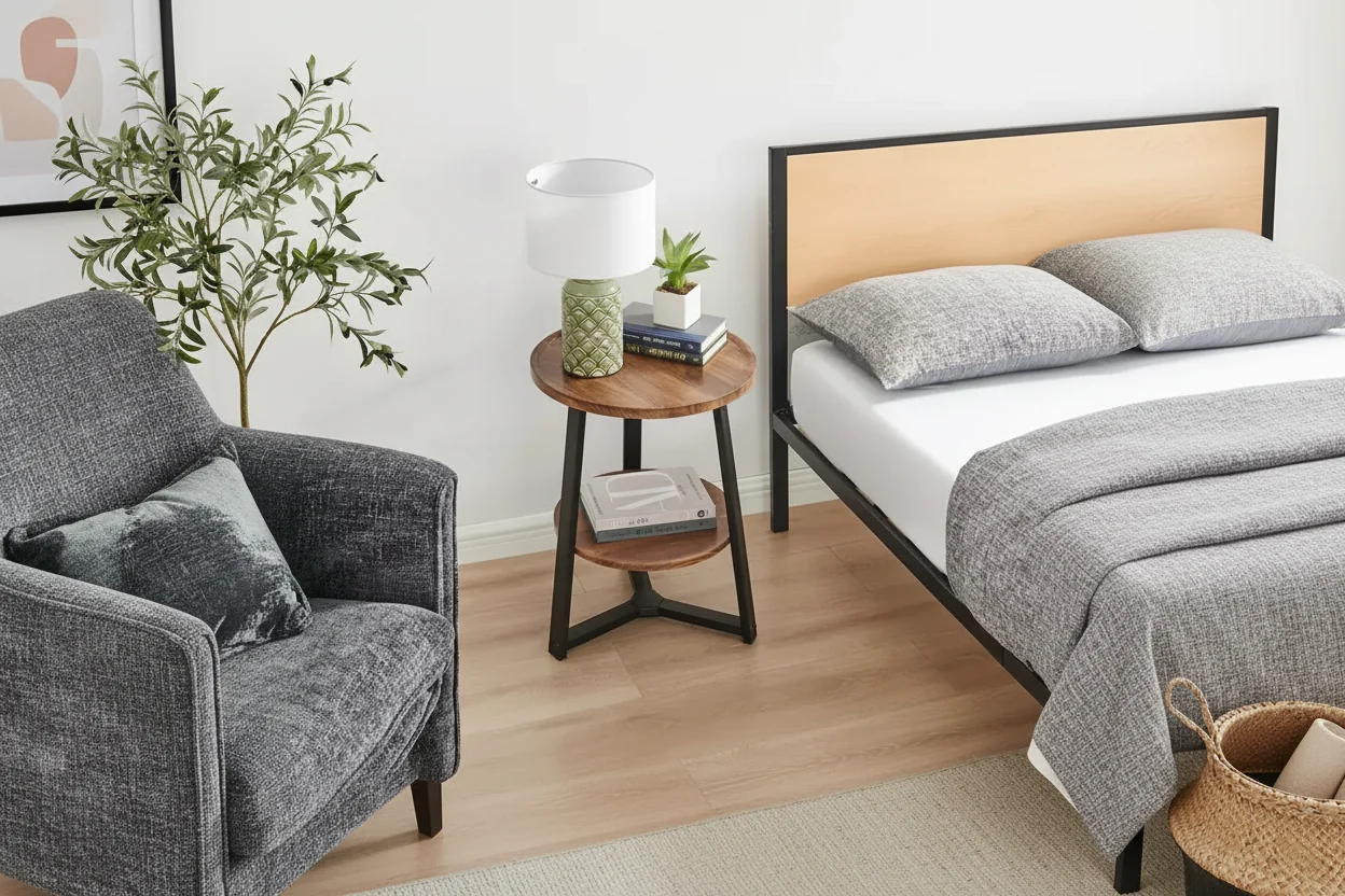 Mason Round 2-Tier Mid-Century Side Accent Table – Walnut/Black, Pedestal Legs, MDF