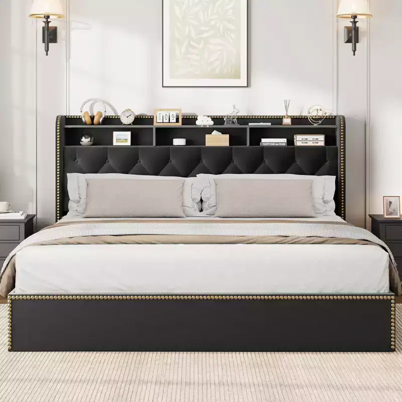 Coolmee Bed Frame with 4 Drawers, Upholstered King Platform with Headboard, Black, No Box Spring Needed, Wooden Slats Bed Frame