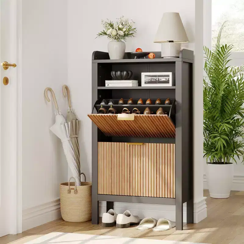 Narrow Shoe Storage Cabinet Organizer Shoe Storage Cabinet with 2 Flip Drawers and wooden Legs, Freestanding Shoe Storage for Entryway Hallway