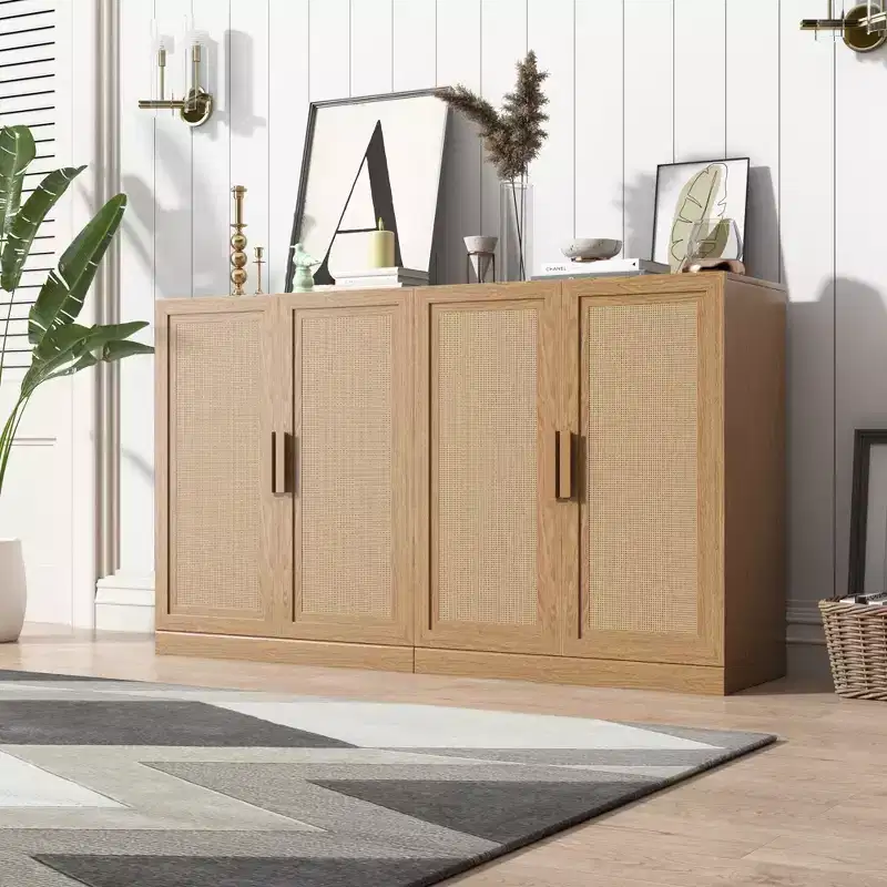 36x62x16 Wood Grain Buffet Cabinet, Storage Organizer with Adjustable Shelves and Rattan Doors for Kitchen Bedroom Living/Dinning Room