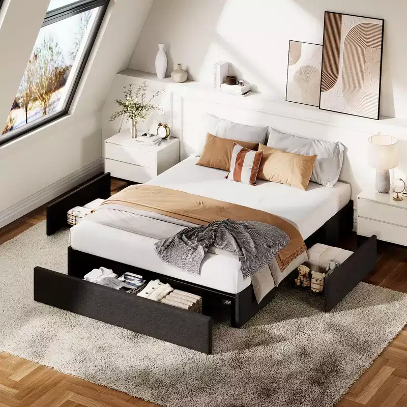 Full Size Storage Platform Bed Frame with 3 Large Drawers, Dark Grey Fabric Upholstered Bed with Wooden Slats, No Box Spring Needed, Noise-Free